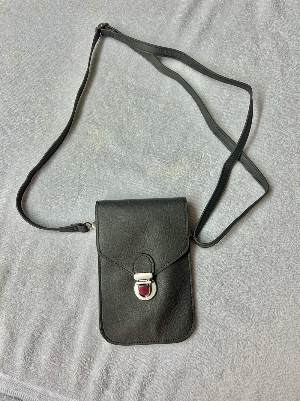 Touch Screen Gray Crossbody Phone Pouch with Silver Turn-Lock